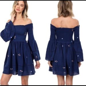 Free people navy embroidered off shoulder dress